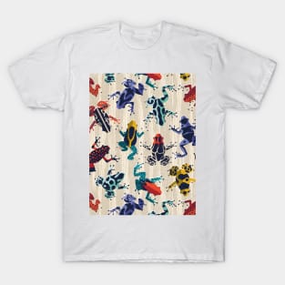 Quirky dart frogs dance // pattern // ivory textured background brightly multicoloured poison amphibians T-Shirt